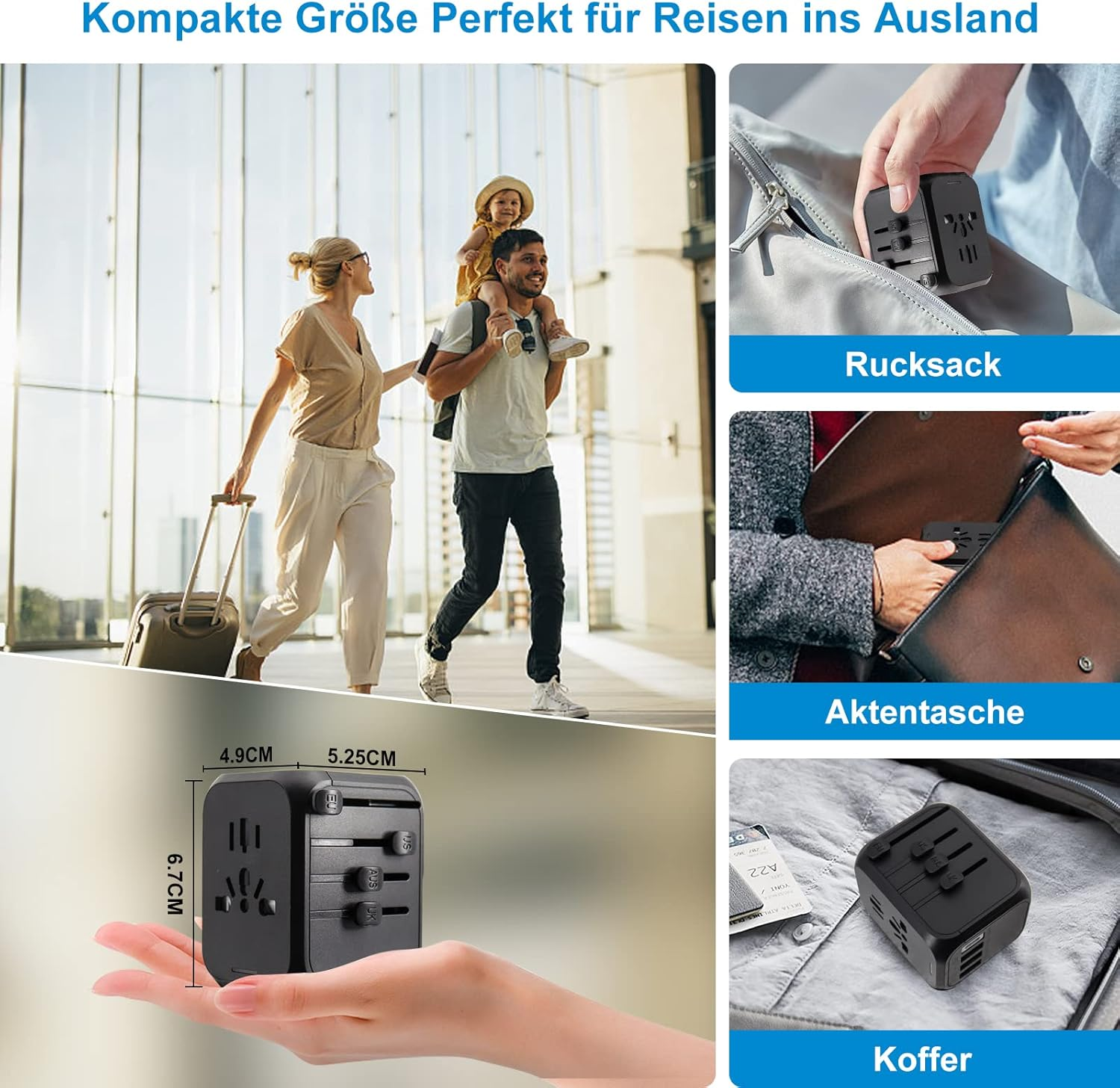 Familie reist, ein Reiseadapter wird in Rucksack, Tasche und Koffer gezeigt.