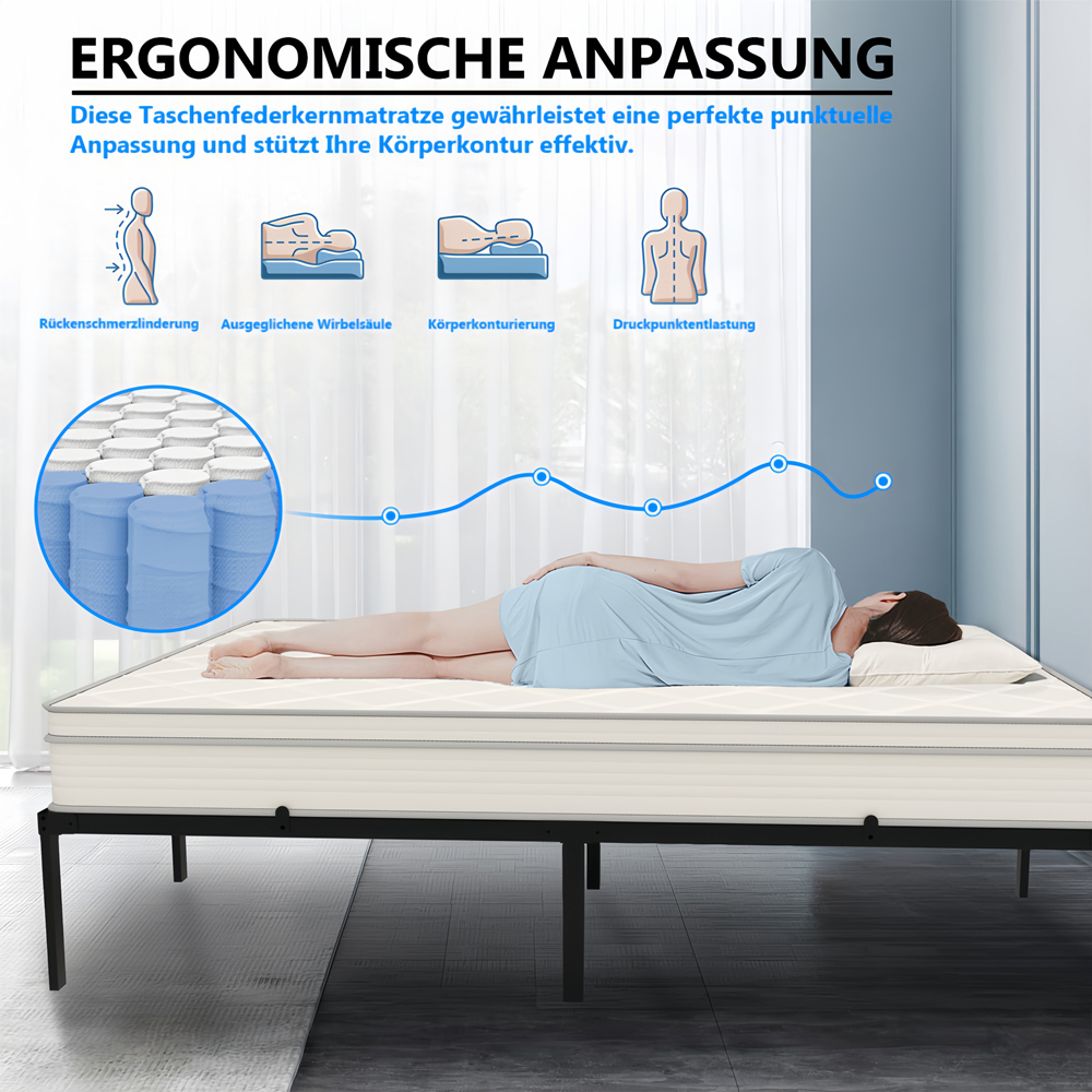 Frau liegt auf einer Matratze, die ergonomische Anpassung zeigt.