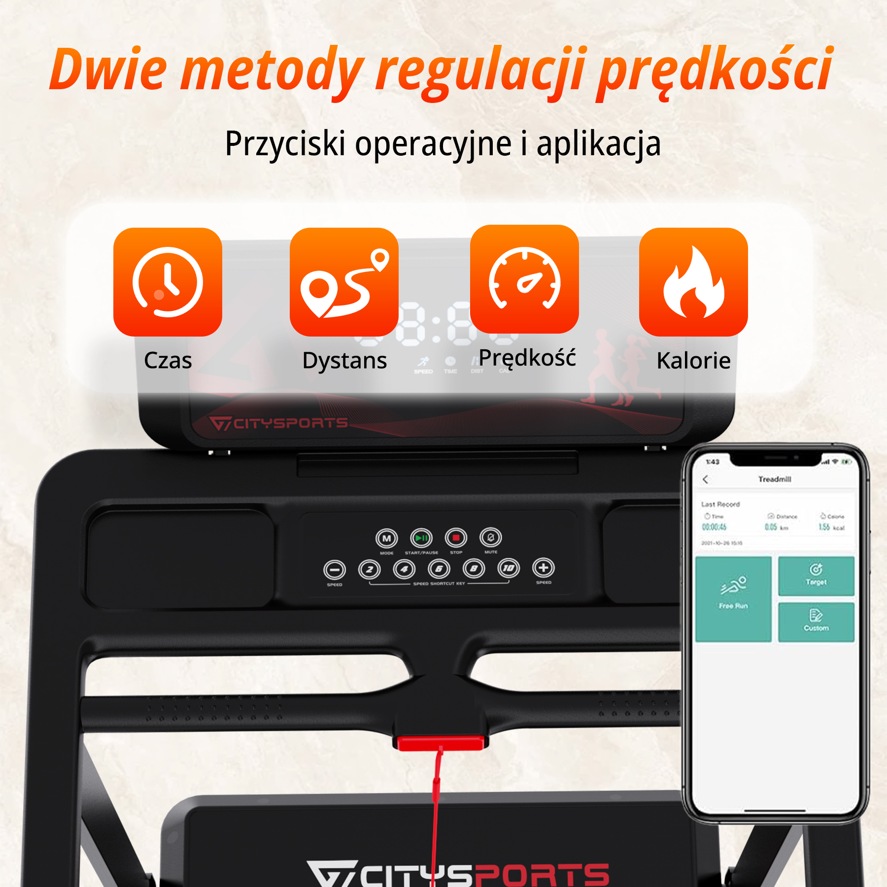 Bieżnia z panelem sterowania i aplikacją na smartfona. Ikony czasu, dystansu, prędkości i kalorii.