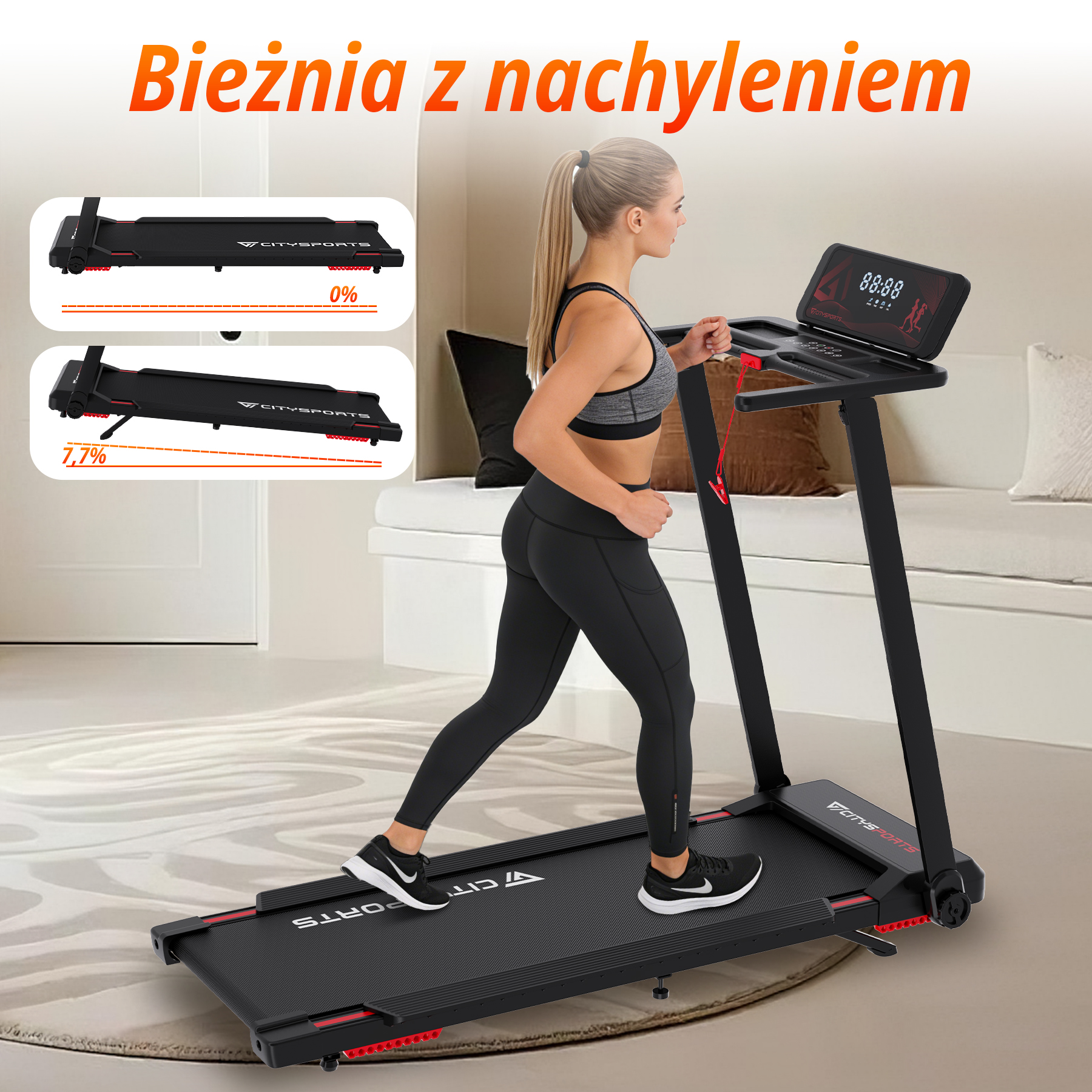 Kobieta biegnie na bieżni, pokazując nachylenie 0% i 7,7%.