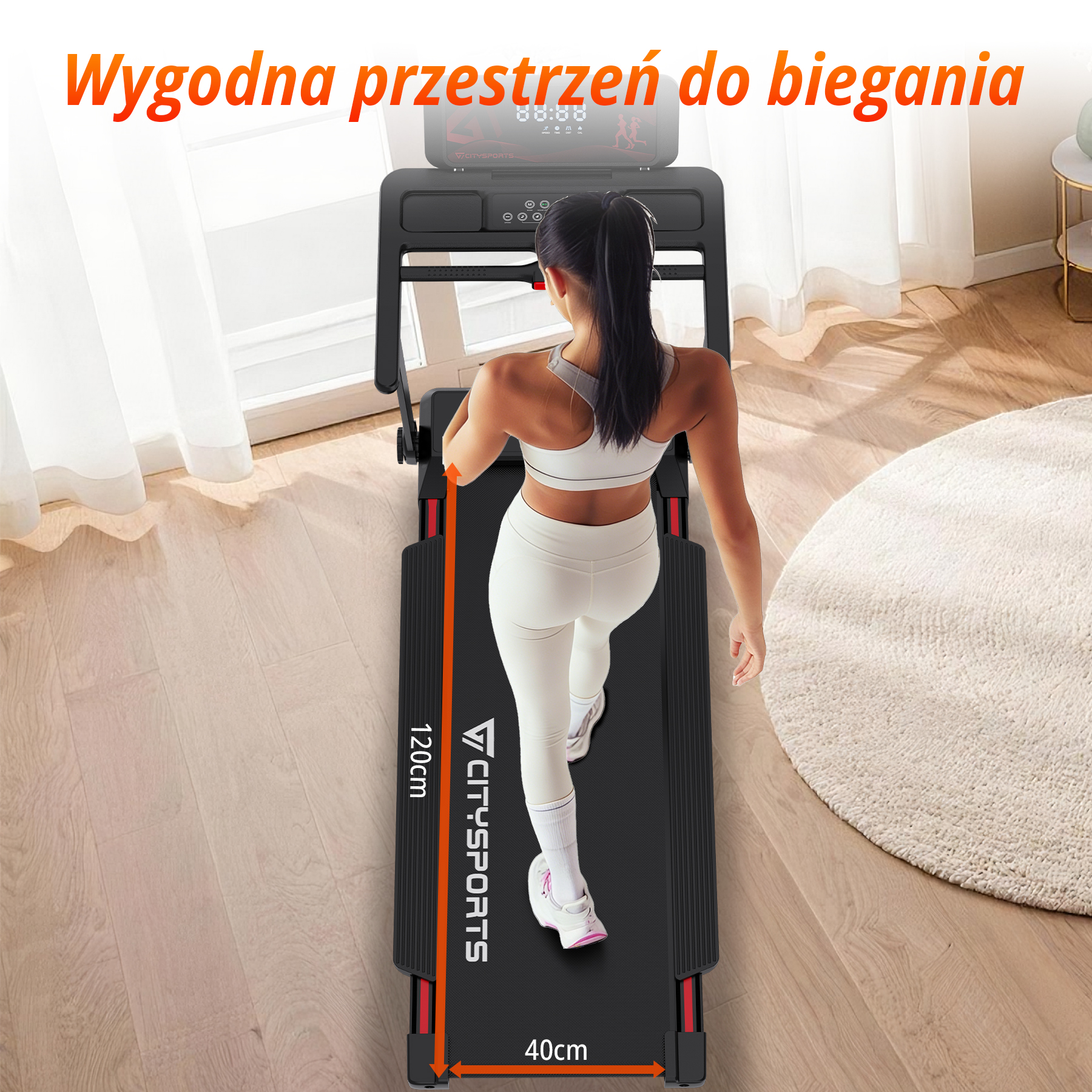 Kobieta na bieżni z wyświetlaczem 120cm x 40cm.