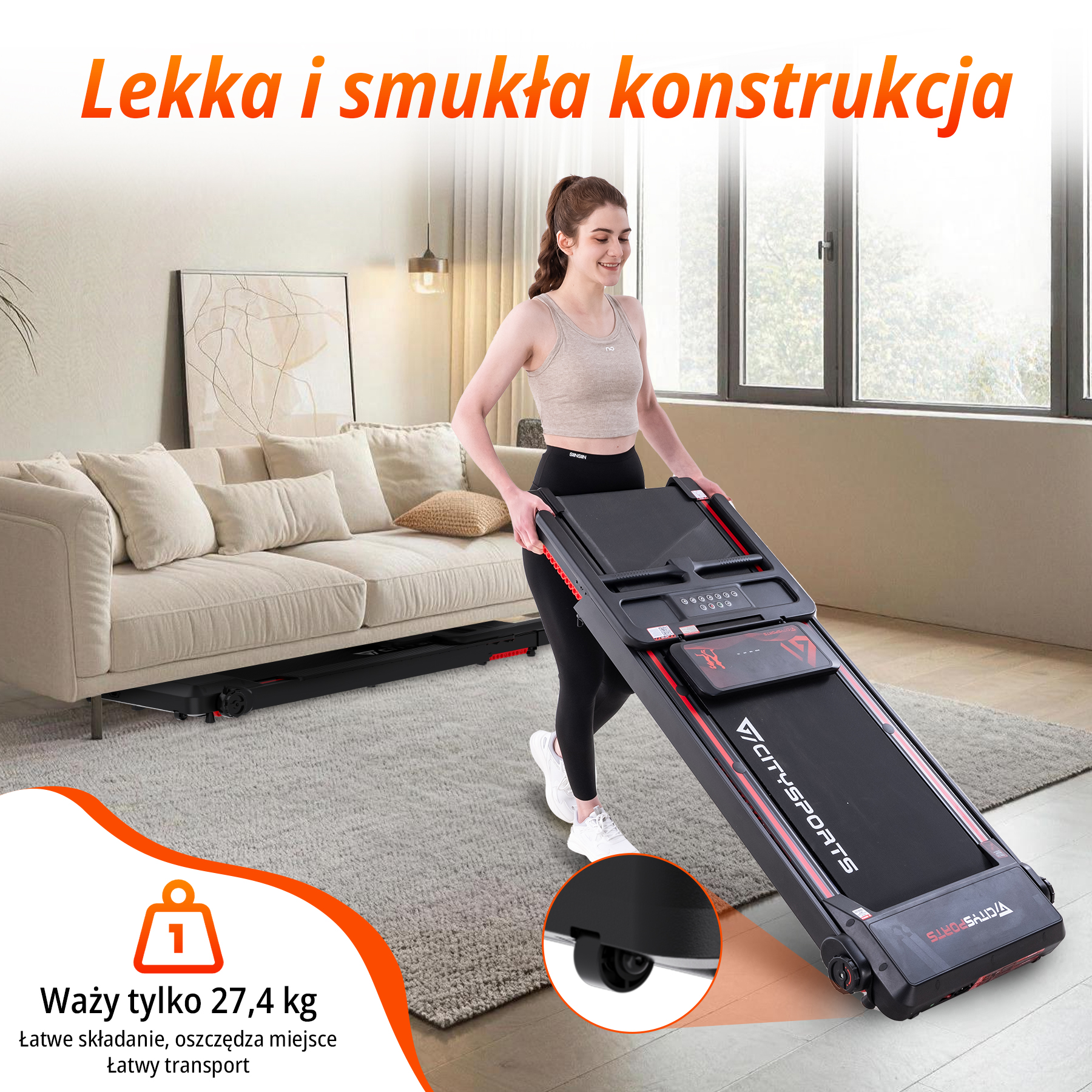 Kobieta pcha czarną bieżnię z czerwonymi akcentami w salonie.