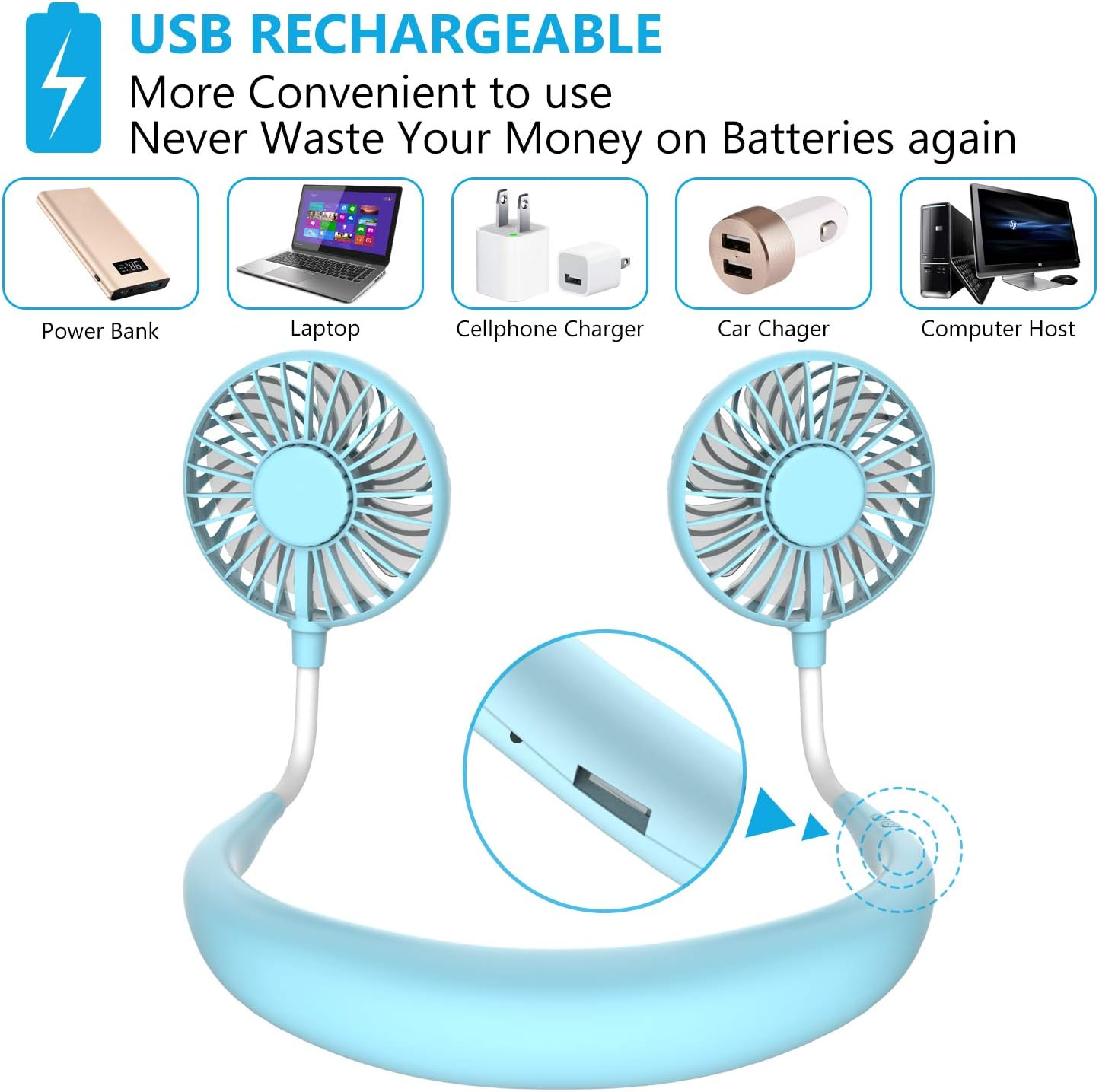 Blauer Nackenventilator, Powerbank, Laptop, Ladegeräte und Host-Computer.