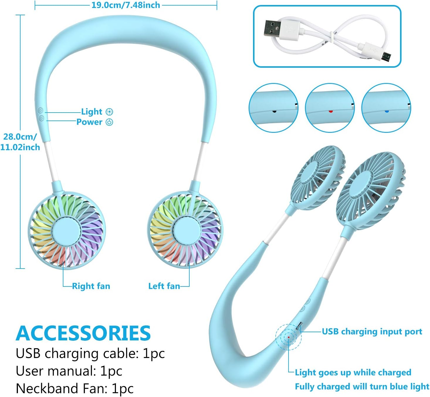 Ein blauer Nackenventilator mit zwei Lüfterköpfen, USB-Kabel und Ladestatusanzeigen.