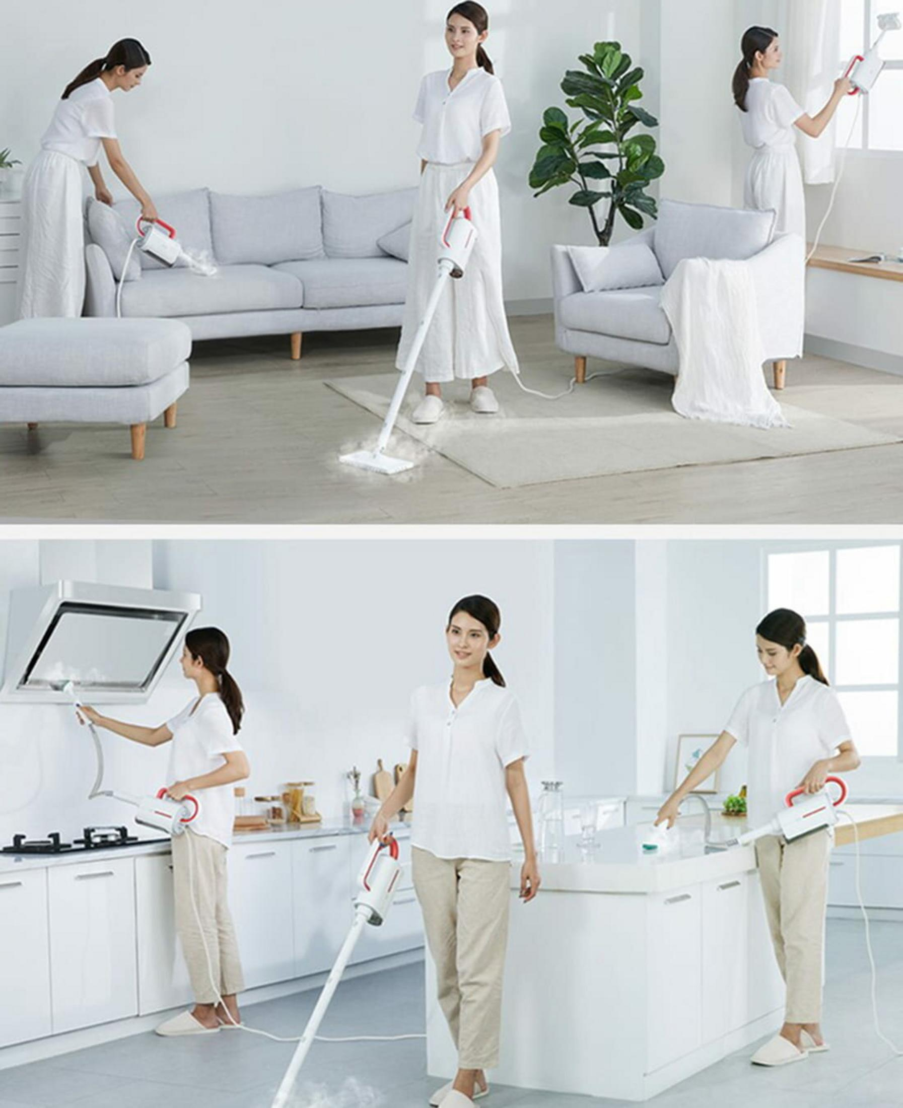 Eine Frau reinigt mit einem Dampfreiniger ein Sofa, ein Fenster und eine Küchenzeile.