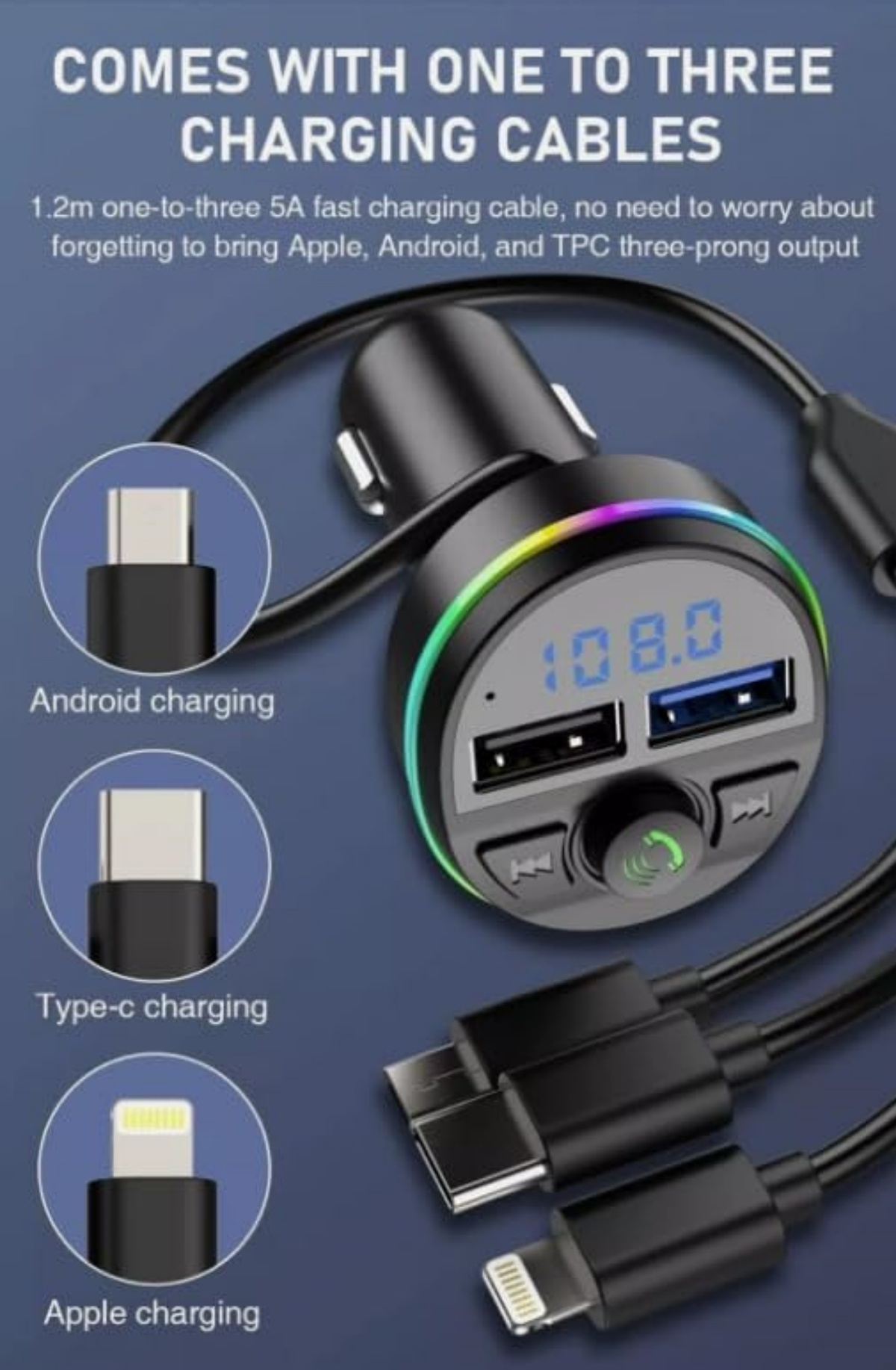Autoladegerät mit drei USB-Anschlüssen und Ladekabeln für Apple, Android, Typ-C.
