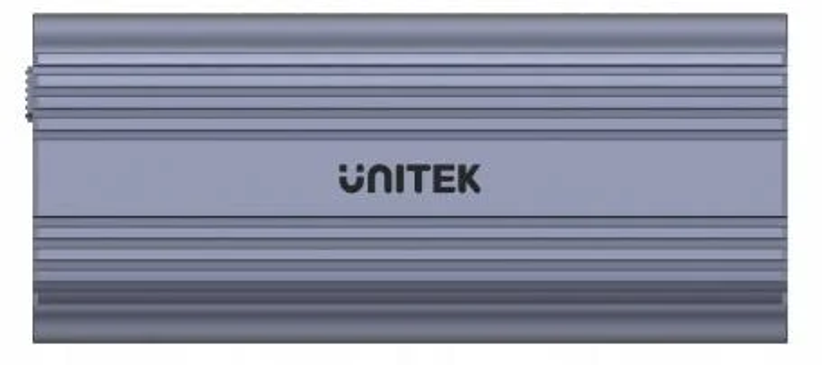 Graues UNITEK externes Festplattengehäuse mit horizontalen Rillen.