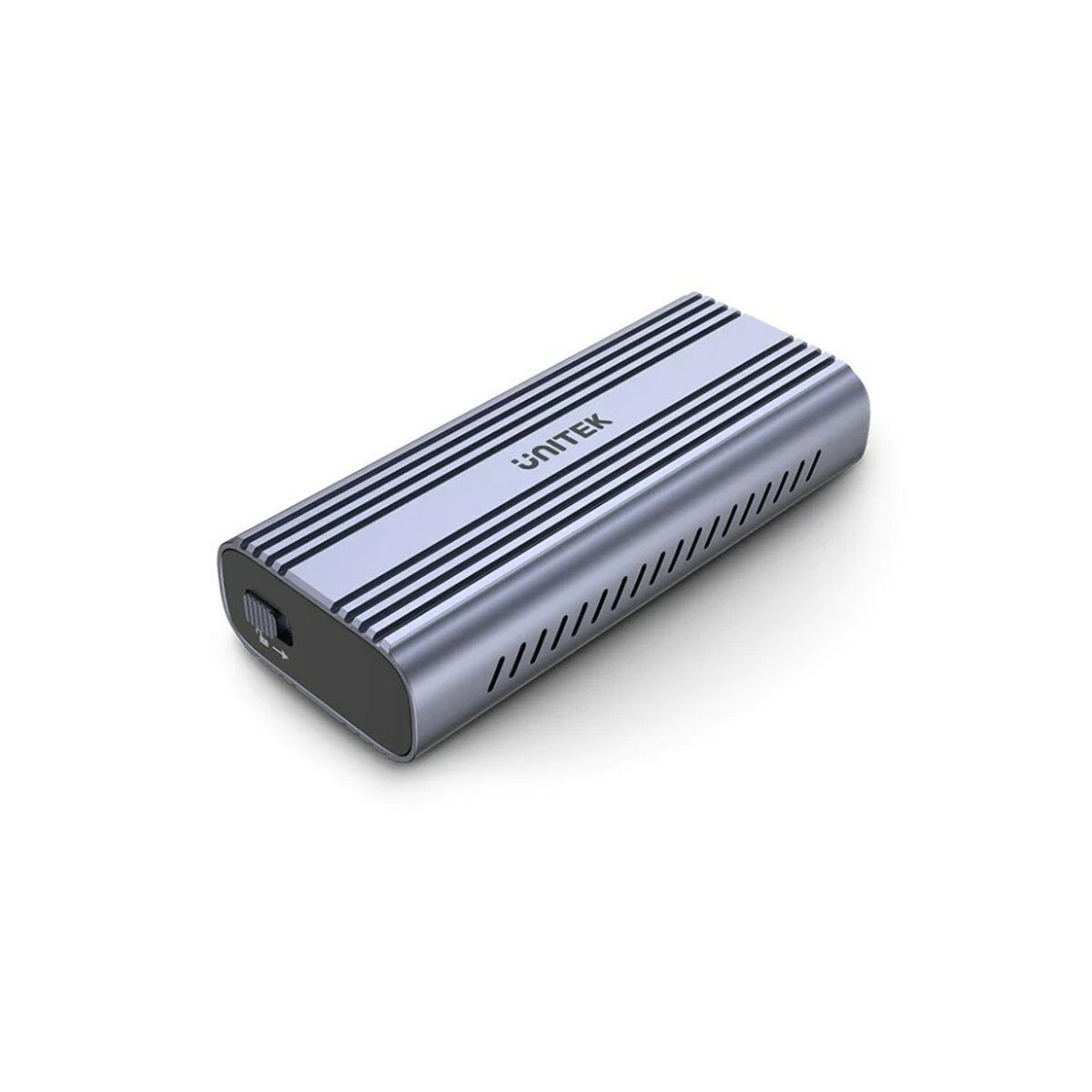 Ein silbernes externes SSD-Gehäuse mit gerilltem Design und schwarzem Ein/Aus-Schalter.