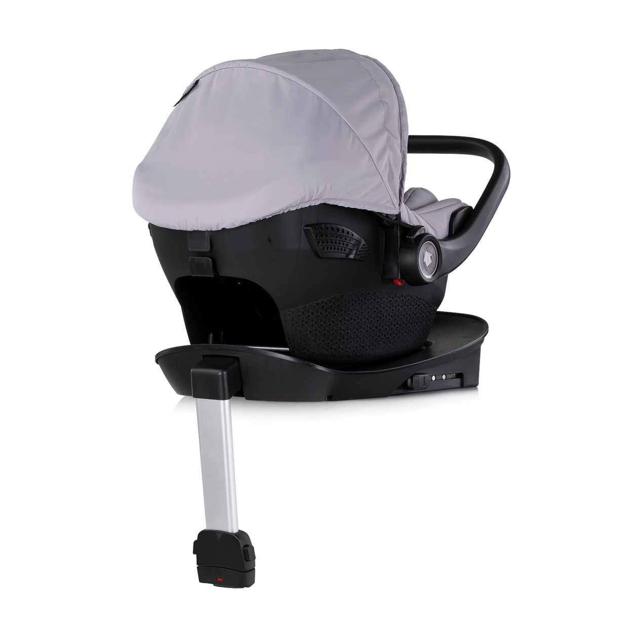Grauer Kindersitz mit schwarzer Basis und silbernem Stützbein auf weißem Hintergrund.