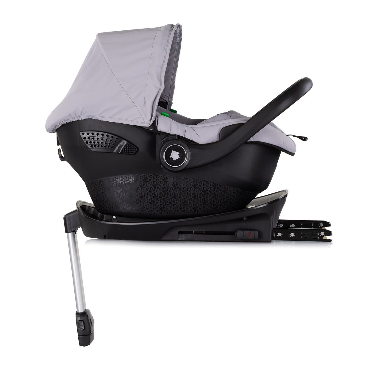 Schwarze Babyschale mit grauem Verdeck und Stütze auf weißem Hintergrund.
