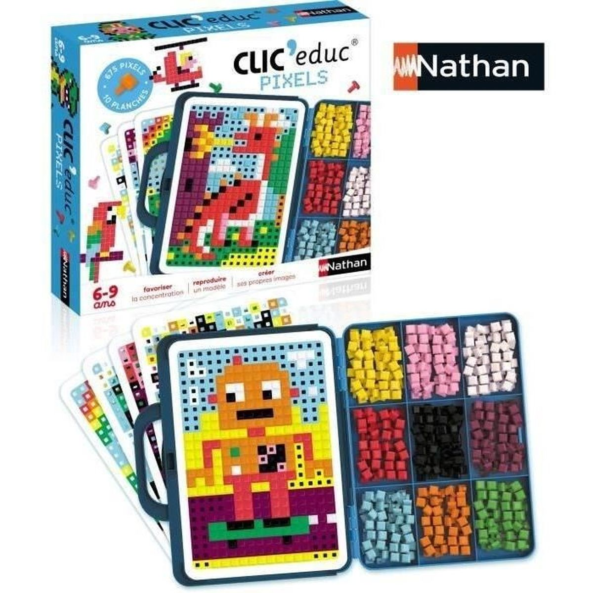 Gioco Nathan CLIC educ PIXELS con pixel colorati per creare immagini di animali e robot.