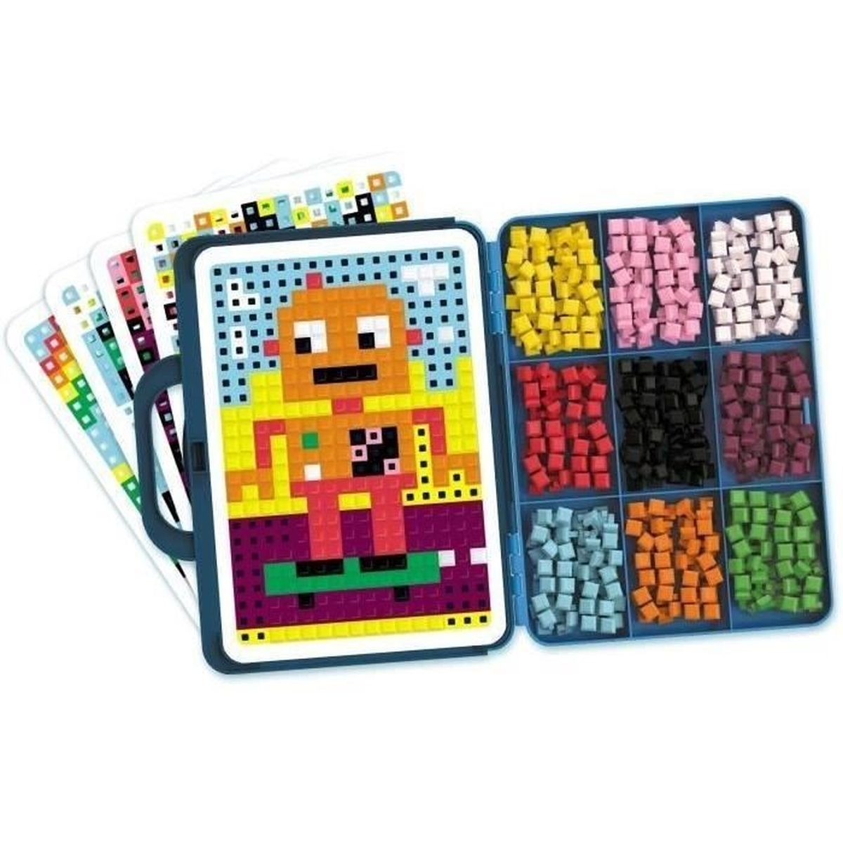 Tavola con immagine di robot pixel, accanto una scatola di perline colorate.