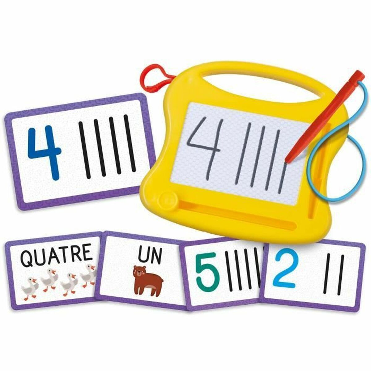 Una lavagna magnetica gialla con uno stilo rosso e diverse carte con numeri e immagini.