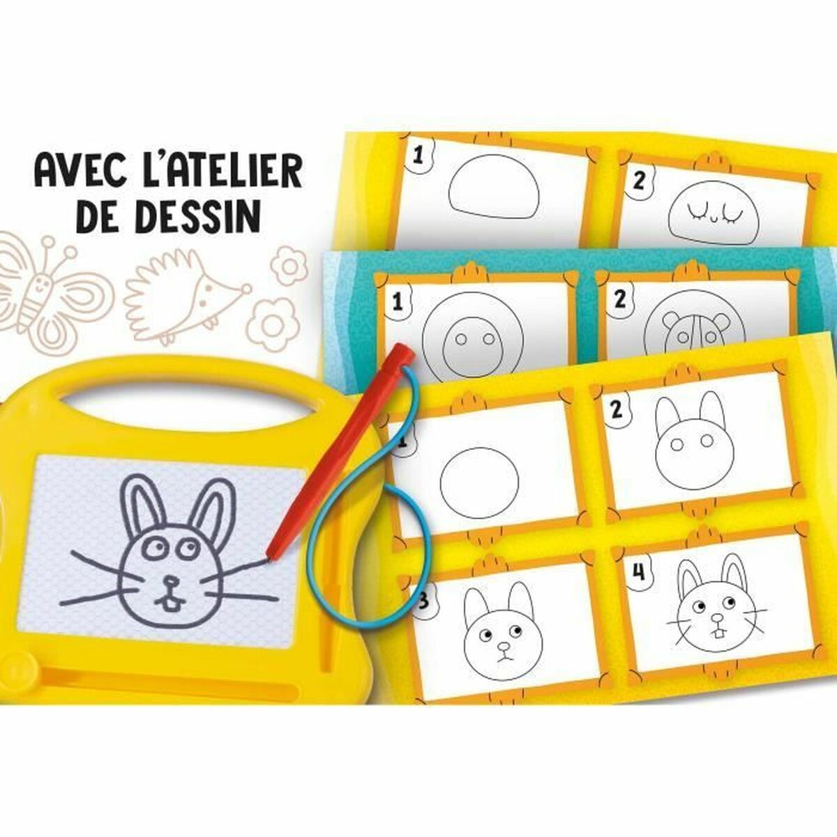 Lavagna gialla con stilo, mostra come disegnare un coniglietto e volti di animali.
