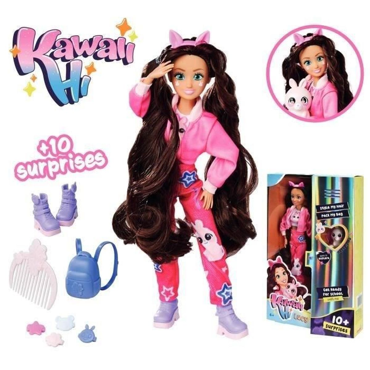 Kawaii High Puppe mit langen Haaren, pinkem Outfit, Accessoires und Box.