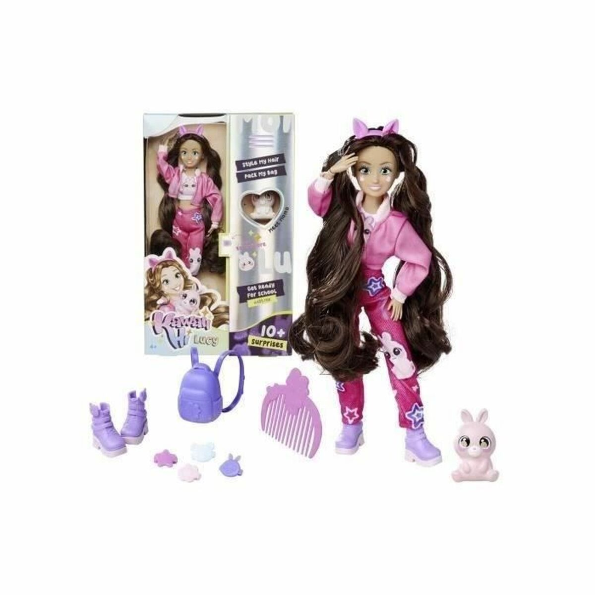 Kawaii Lucy Puppe mit langen Haaren, pinker Kleidung, Zubehör und Hasenfigur.