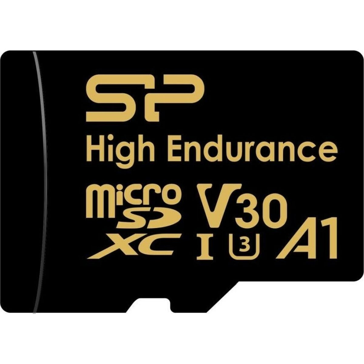 Scheda micro SD nera con logo SP dorato e testo.