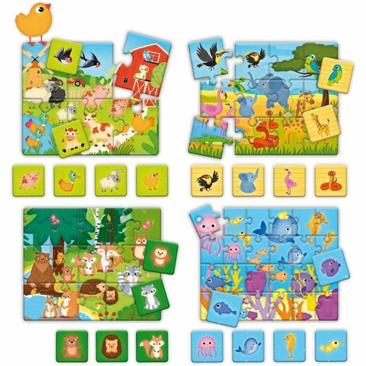 Quattro puzzle colorati di animali: fattoria, safari, foresta e mare.