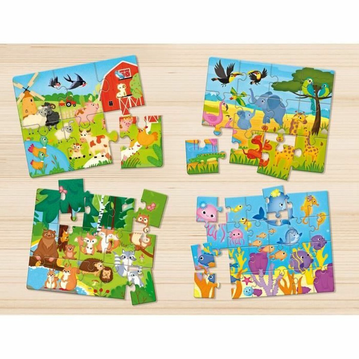 Quattro puzzle di animali: fattoria, safari, foresta e oceano.