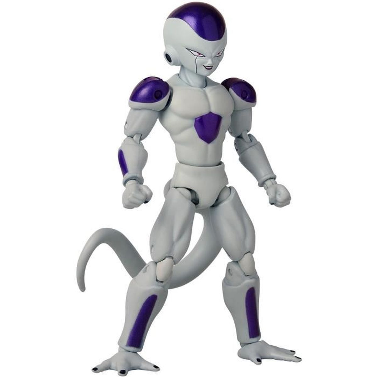 Una figura de acción blanca y morada de Frieza de Dragon Ball está sobre fondo blanco.