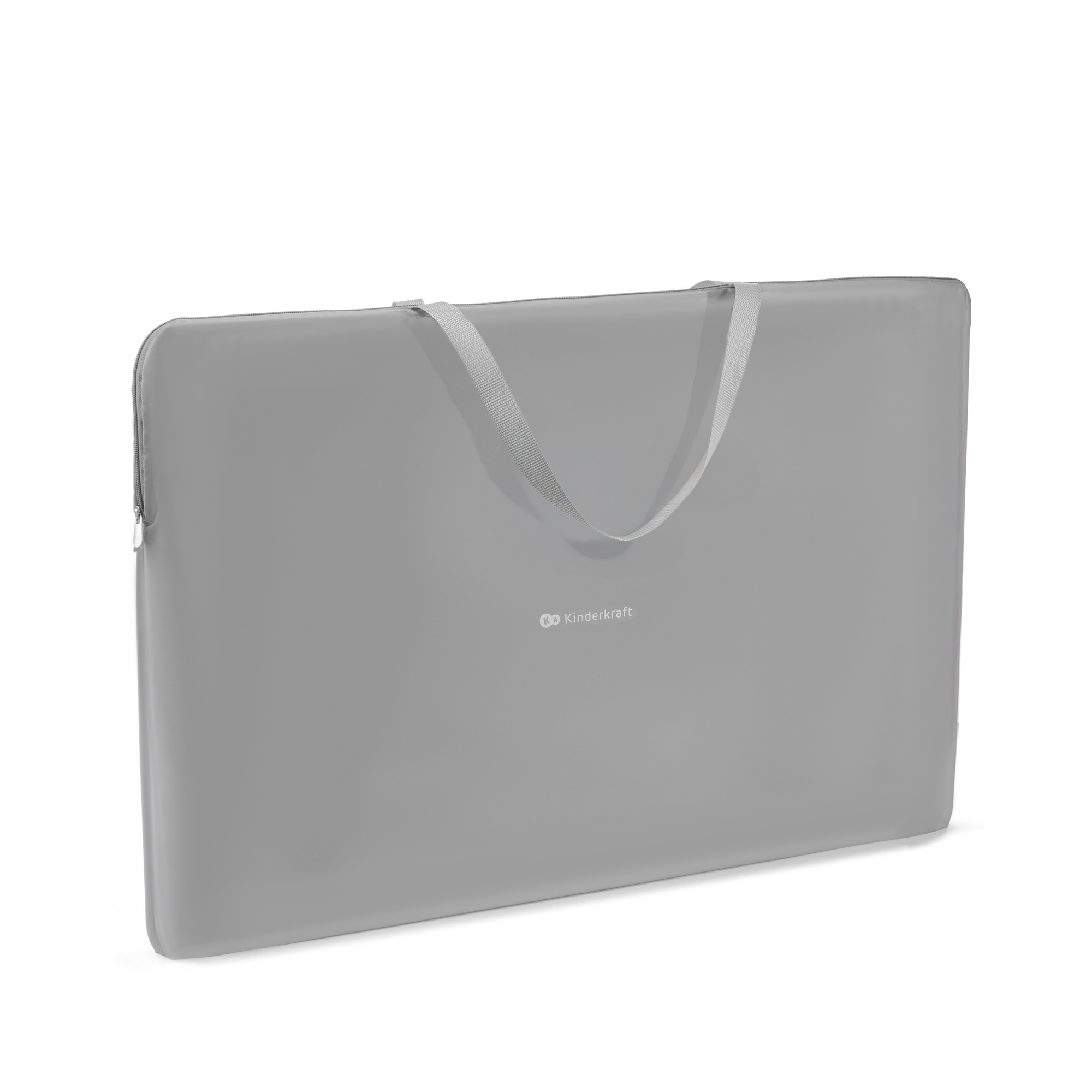 Graue Tasche mit Reißverschluss und Tragegriffen. Logo: Kinderkraft.