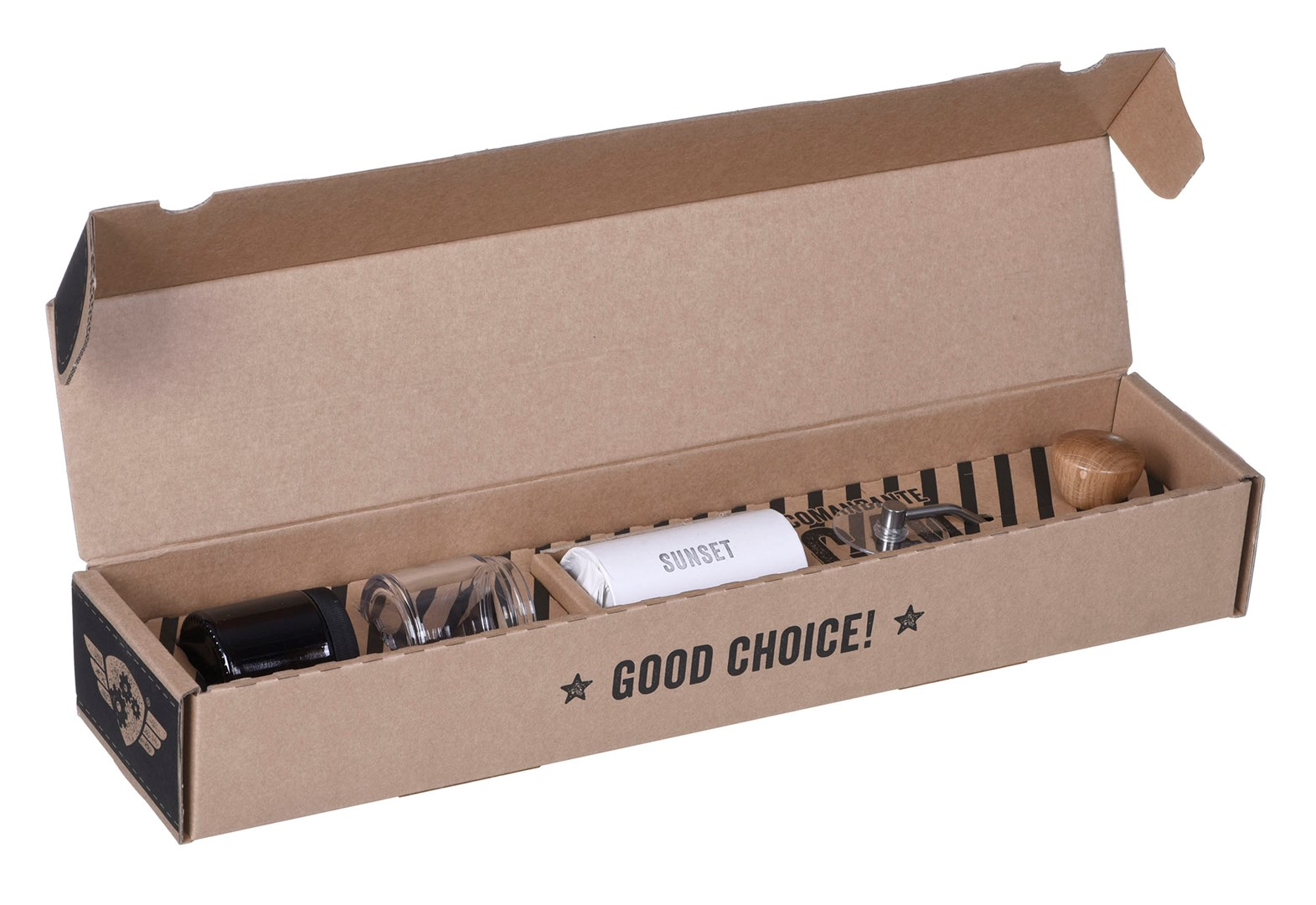 Otwarty karton z młynkiem do kawy, szklanką i drewnianą rączką. 'GOOD CHOICE!'.