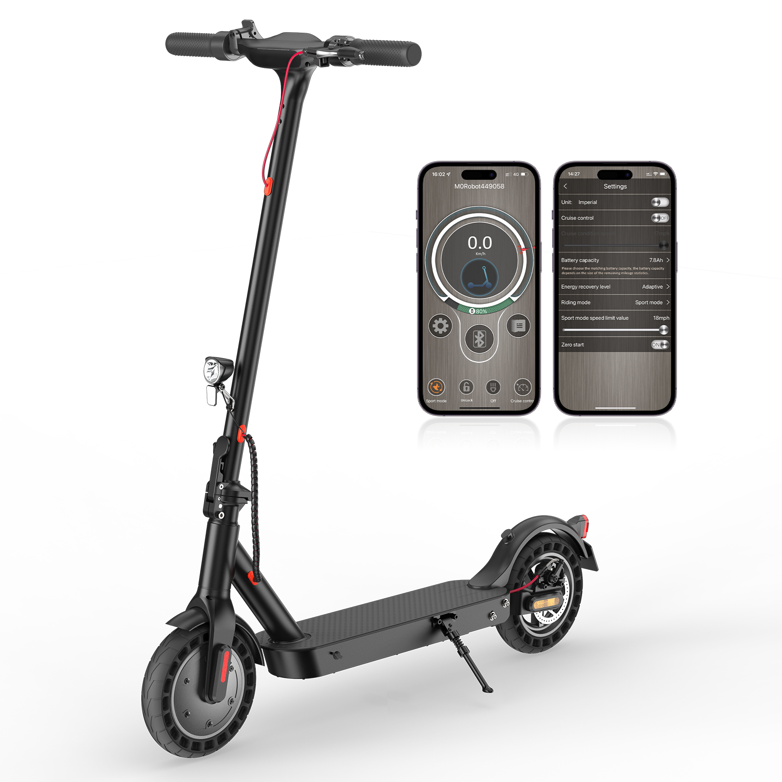 Ein schwarzer Elektroroller mit zwei Smartphone-Displays, die App-Einstellungen zeigen.