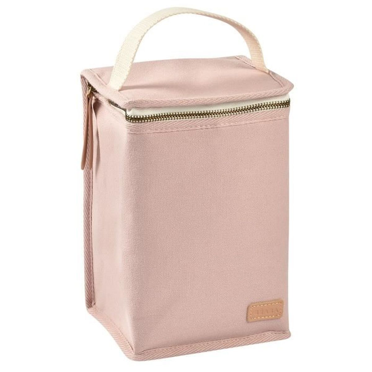 Eine rosa Stofftasche mit weißem Griff und Reißverschluss. Ein Lederetikett ist unten.
