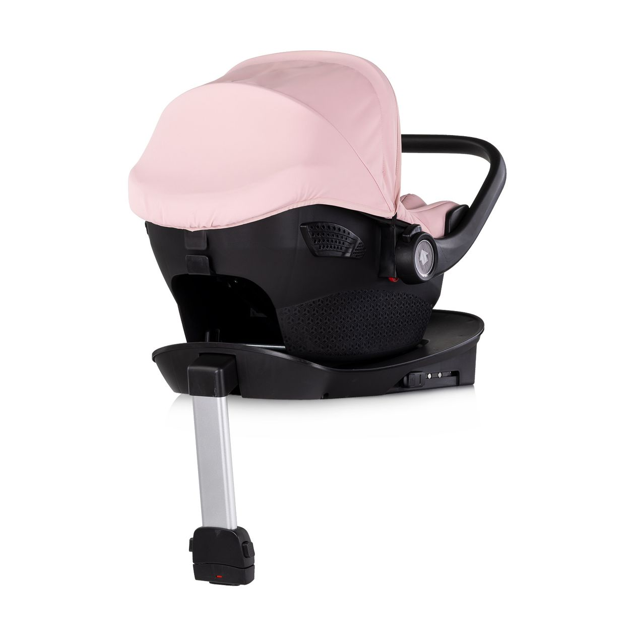 Ein pinkfarbener und schwarzer Babysitz mit Verdeck und Basis.