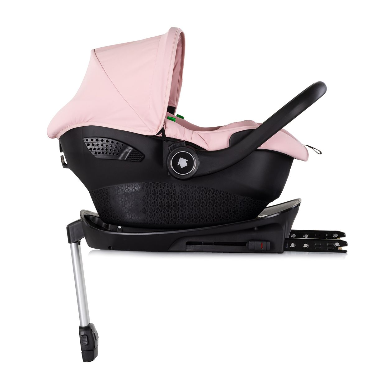 Ein rosa Kinderautositz mit schwarzer Basis und Stützfuß.