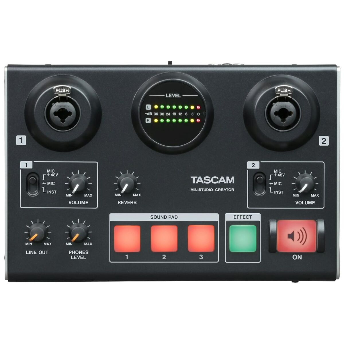 Czarny rejestrator audio Tascam Ministudio Creator z pokrętłami, przyciskami i podświetlanymi padami.