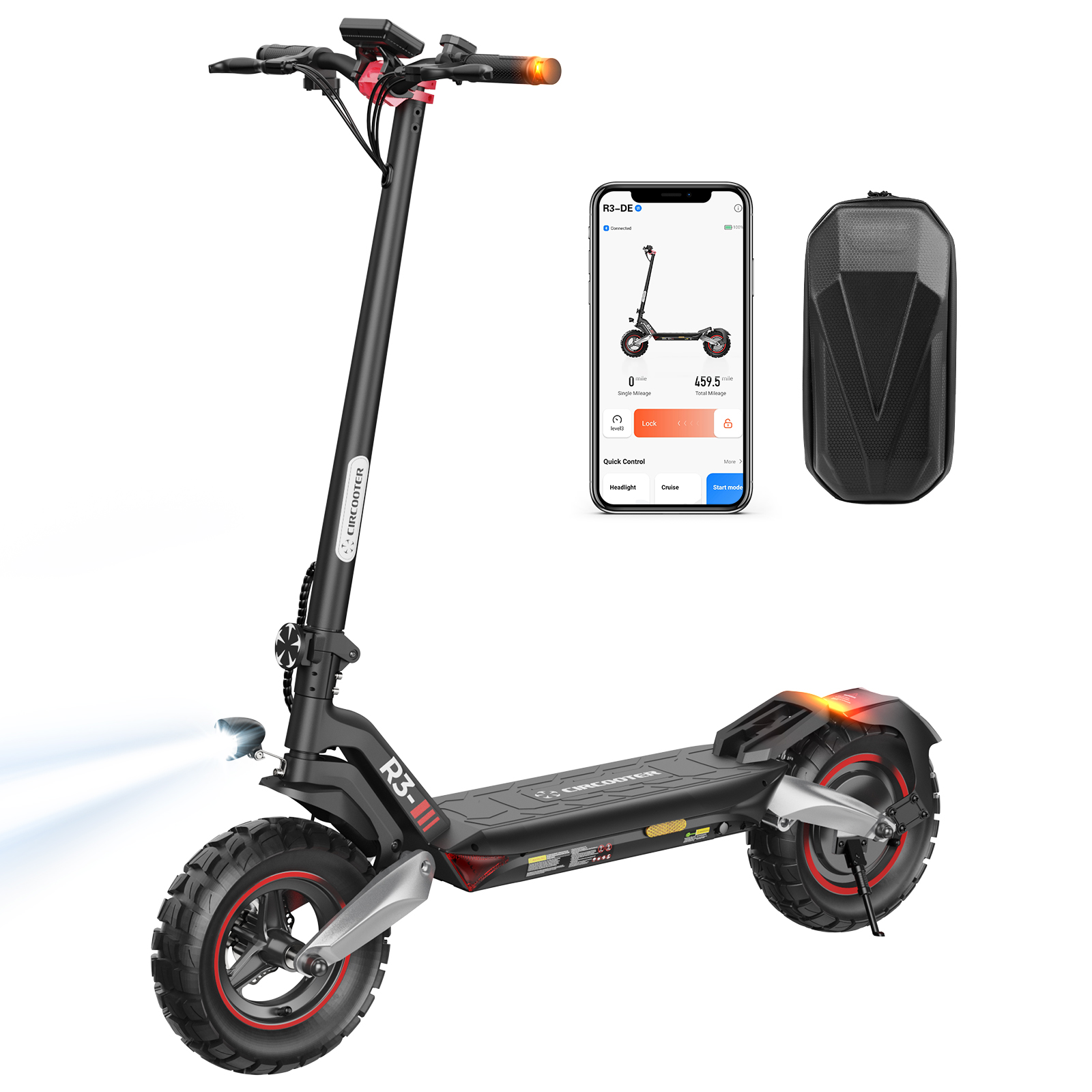 Schwarzer E-Scooter mit App und Tasche auf weißem Hintergrund.