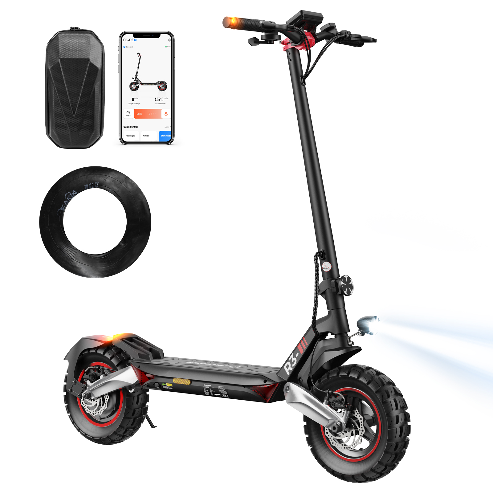 Schwarzer Elektroroller mit eingeschaltetem Frontlicht, roten Akzenten und App-Anzeige.