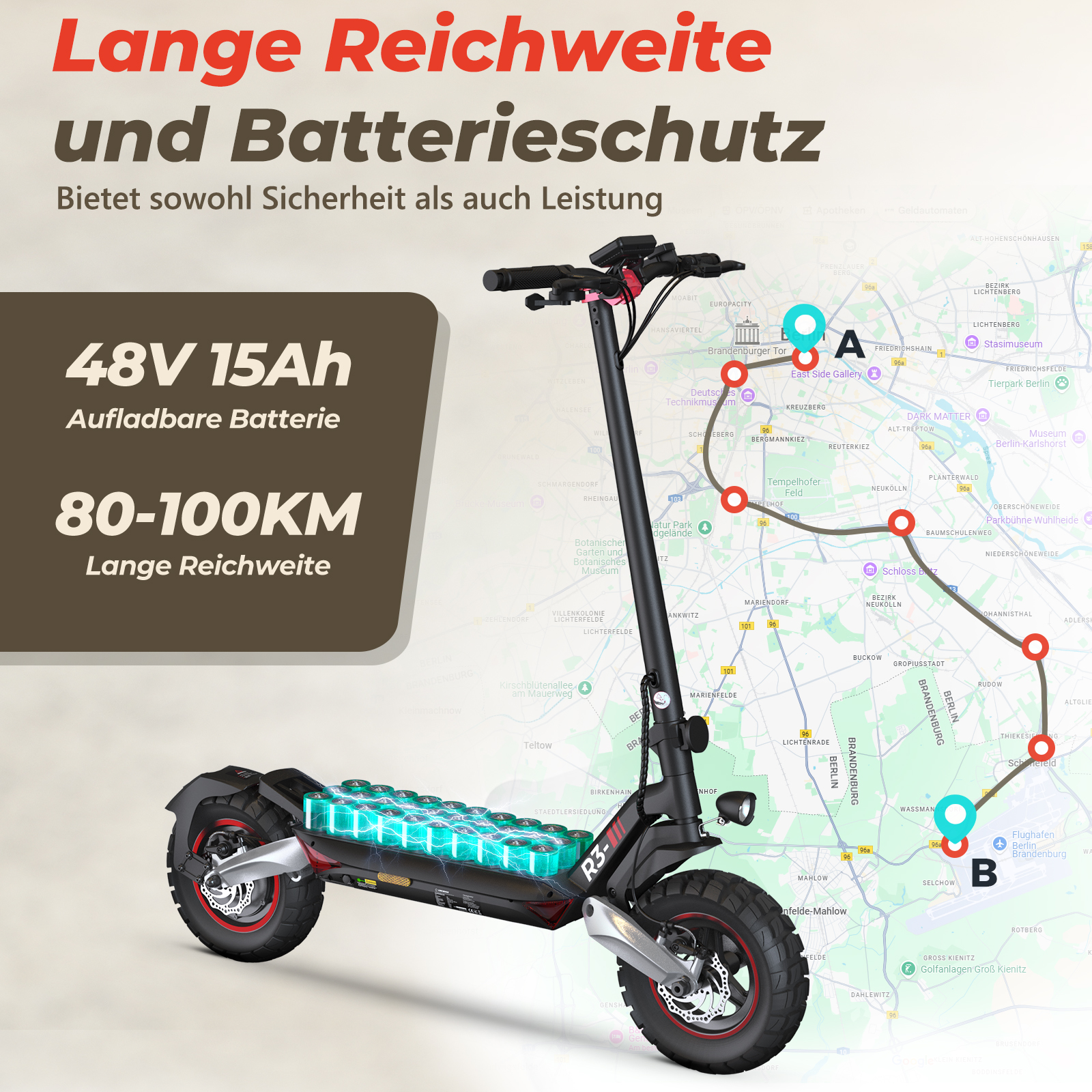Elektroroller mit sichtbarer Batterie und Berlin-Karte im Hintergrund.
