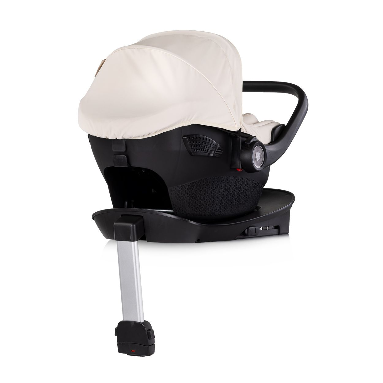 Ein schwarzer Kindersitz mit beiger Haube und einem Stützbein.