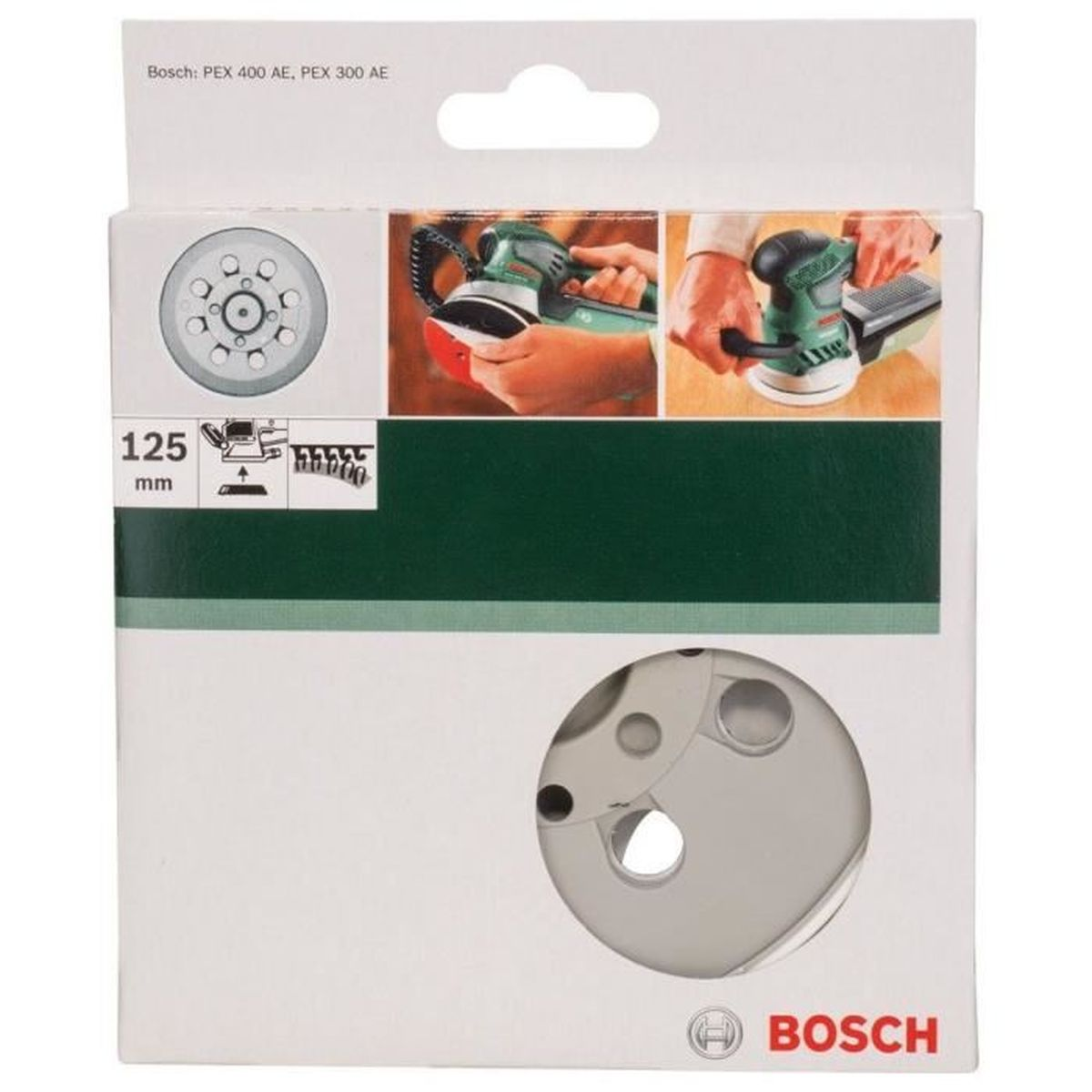 Confezione disco abrasivo Bosch, 125mm, con immagini di levigatrici.