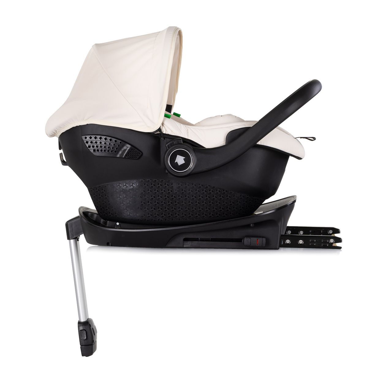 Schwarze Babyschale mit cremefarbener Haube und Griff, auf einer Basis mit Stützfuß.