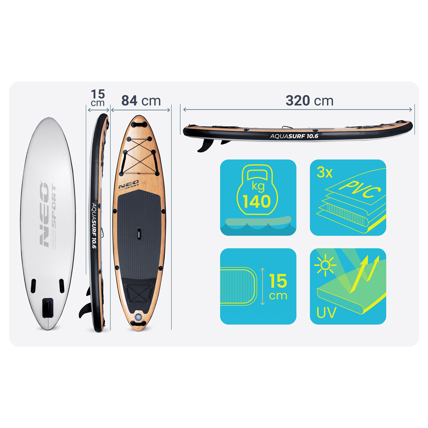 Specyfikacja deski SUP: 320cm dł., 84cm szer., 15cm grubość. Max 140kg.