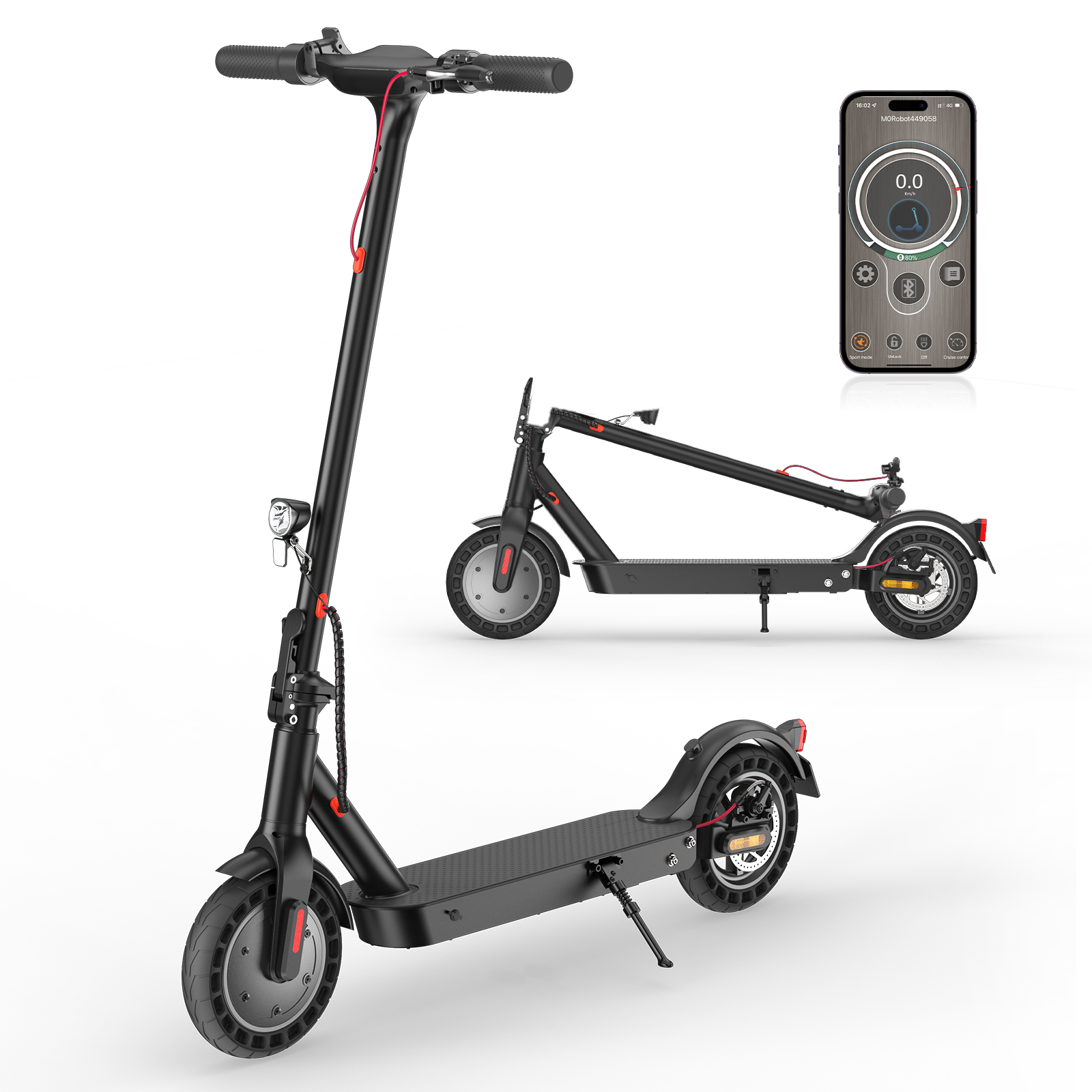 Schwarzer Elektroroller mit Handy-App. Ein Roller steht aufrecht, einer gefaltet, ein Handy zeigt App.