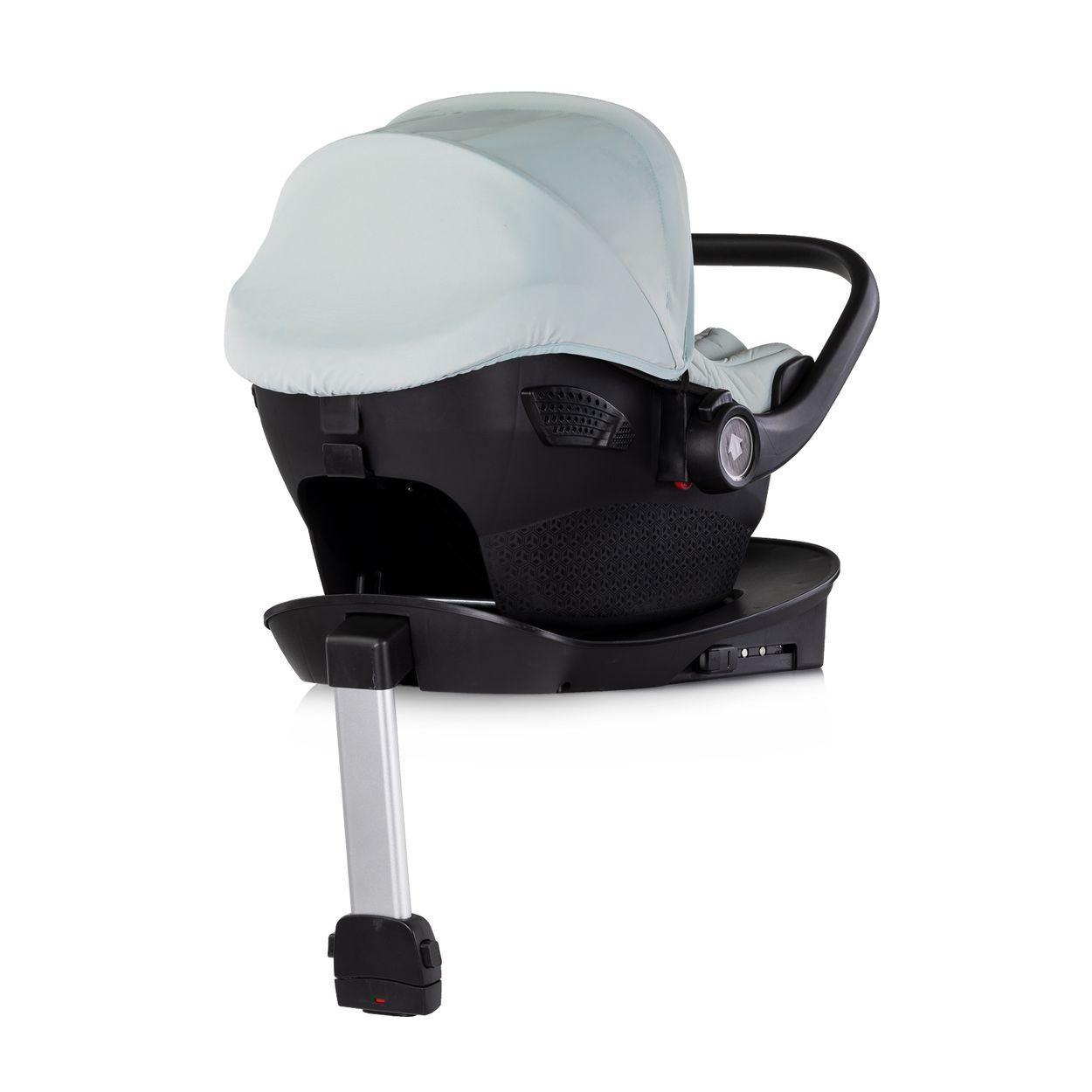 Schwarze Babyschale mit hellgrünem Verdeck auf schwarzer Basis mit Stützfuß.