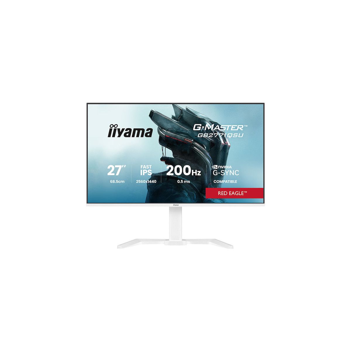 Ein weißer Monitor mit iiyama Logo, 27 Zoll, Fast IPS, 200Hz, 2560x1440, 0.5ms.