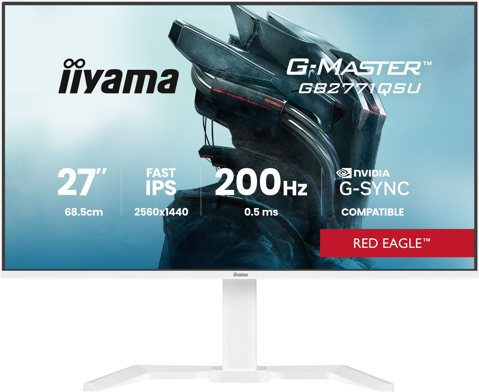 Ein weißer Iiyama G-Master Gaming-Monitor mit 27 Zoll, 200 Hz und 0,5 ms Reaktionszeit.
