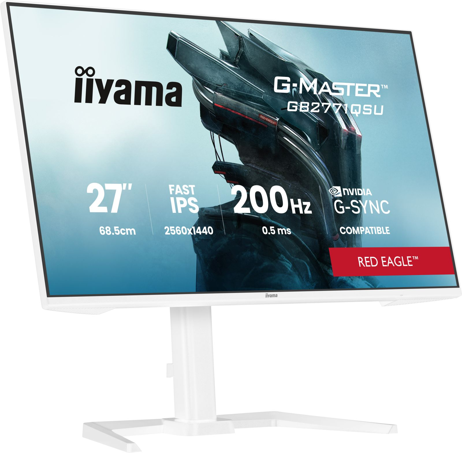 Weißer Gaming-Monitor mit 27 Zoll, 200Hz, 2560x1440 Auflösung und G-Sync.