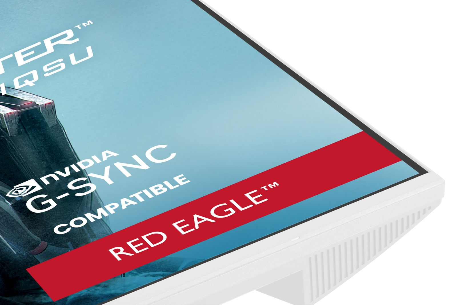 Ein Monitor mit dem Logo und Text 'NVIDIA G-SYNC COMPATIBLE' und 'RED EAGLE'.