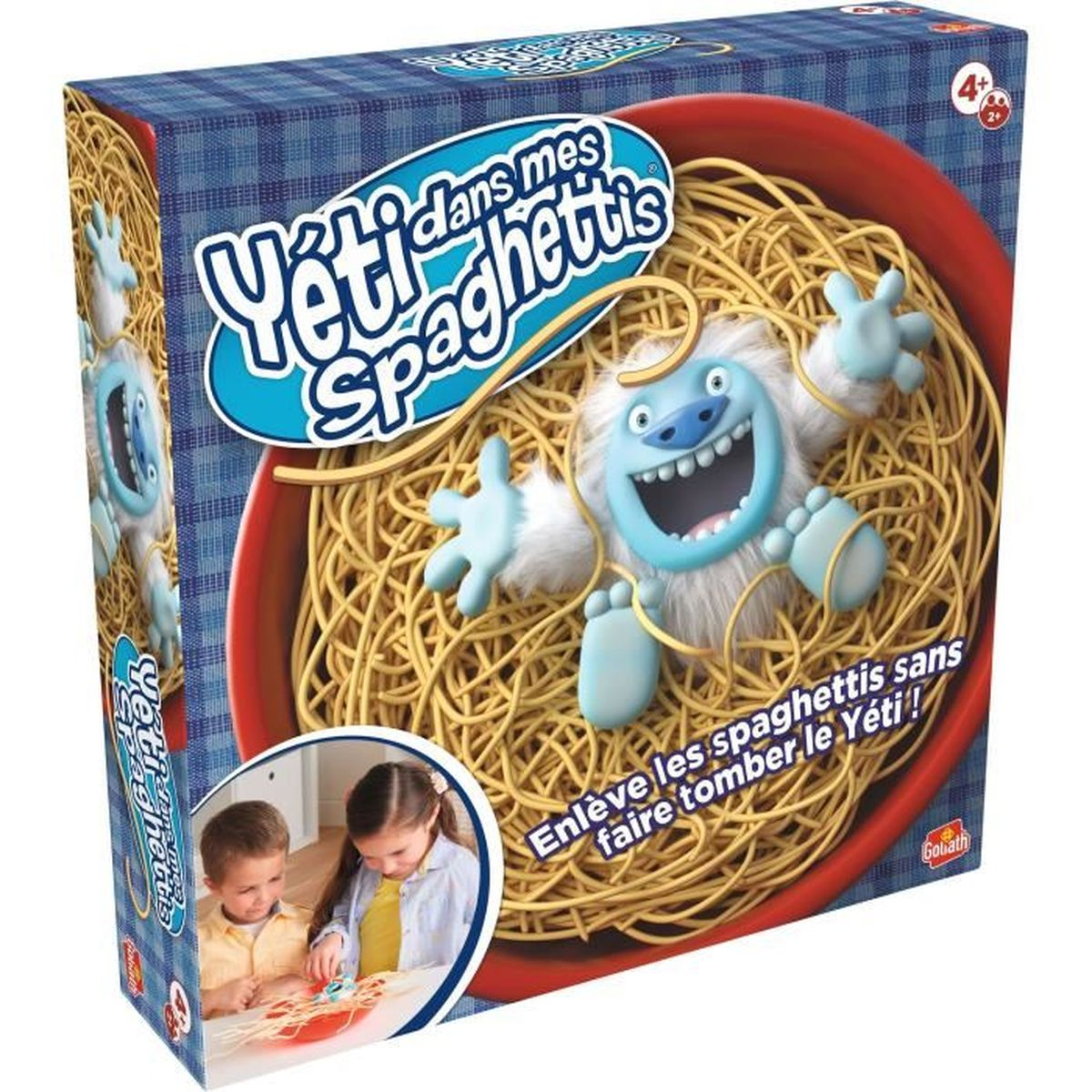 Scatola del gioco con uno yeti blu bloccato negli spaghetti. Bambini giocano in cerchio.