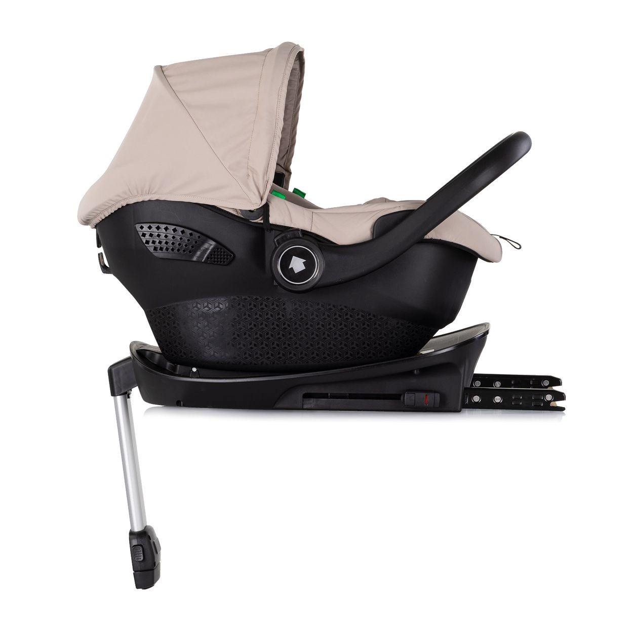 Schwarzer Kindersitz mit beigefarbener Haube und Griff auf einer Basis.