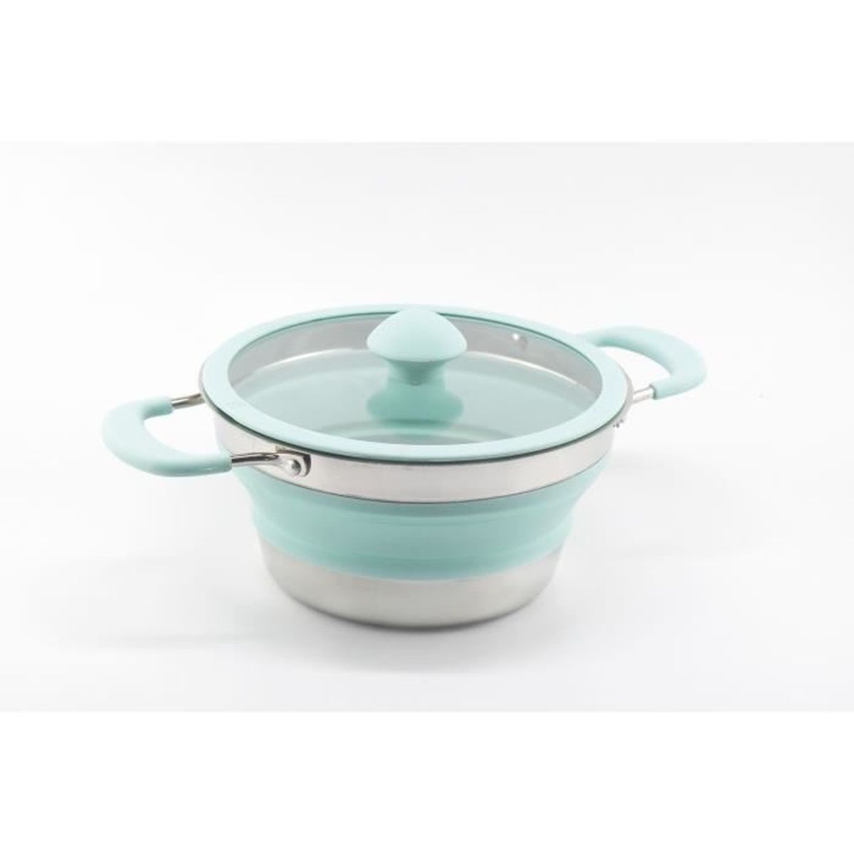 Una olla plegable verde menta con tapa de cristal y detalles plateados.