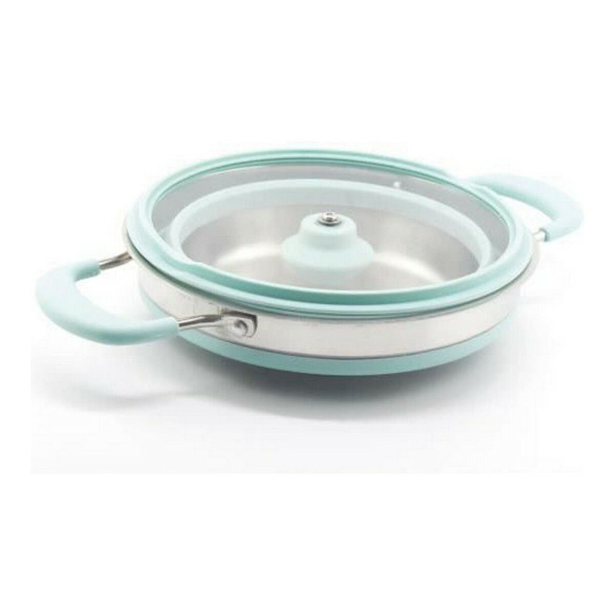 Una olla redonda de color verde azulado con tapa de cristal y dos asas.