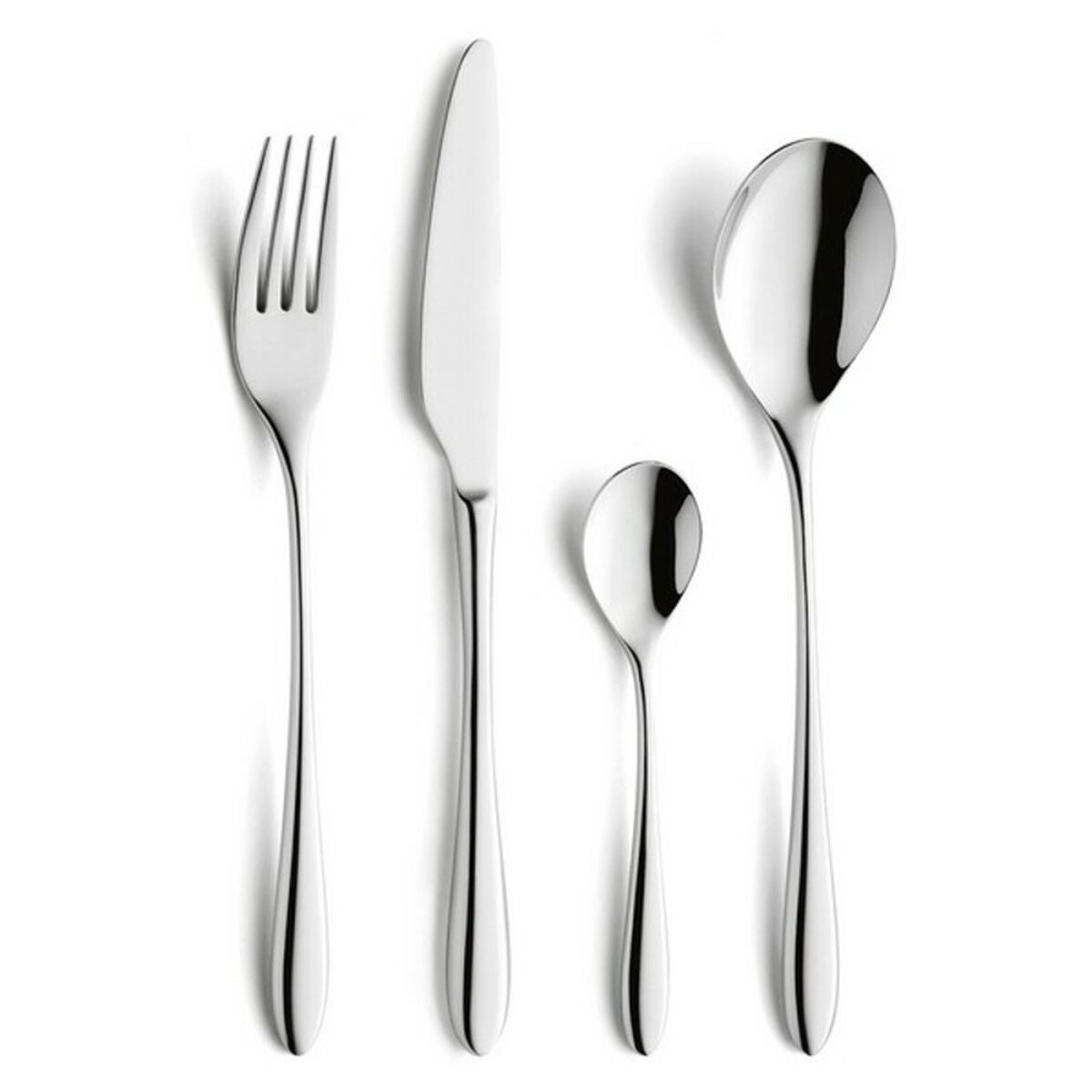 Ein Set aus vier glänzenden Metallbestecken: Gabel, Messer, kleiner Löffel, großer Löffel.