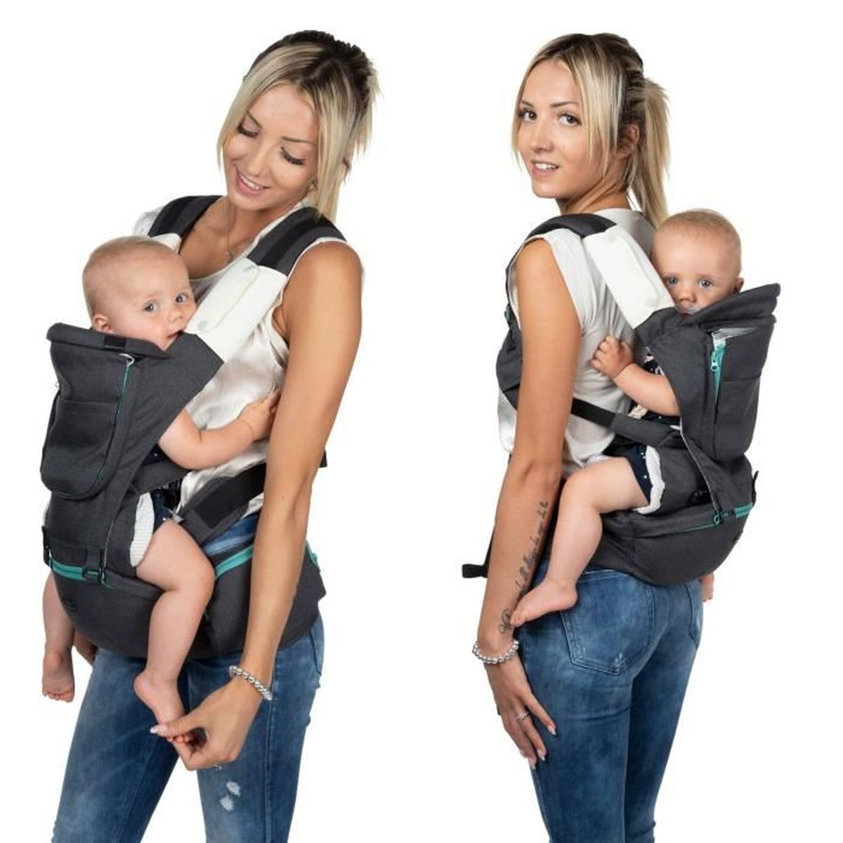 Frau mit Baby im Tragegurt, Vorder- und Rückansicht.